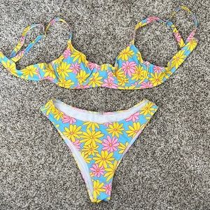 SHEIN Blue, Pink, and Yellow Floral High Cut Bikini Set